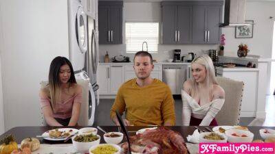 Thanksgiving stepbro is thankful for his penis and his stepsisters too - pornoxo.com