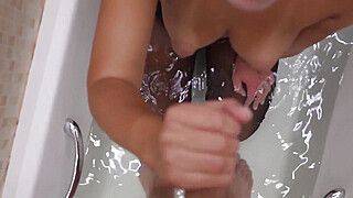 Grace in bathtub sucking cock and getting cumshot in her pantyhose - ah-me.com